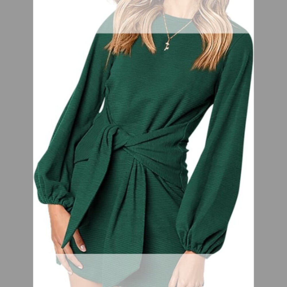 PRETTYGARDEN Emerald Green Long Lantern Sleeve Dress Crewneck Tie Waist - L